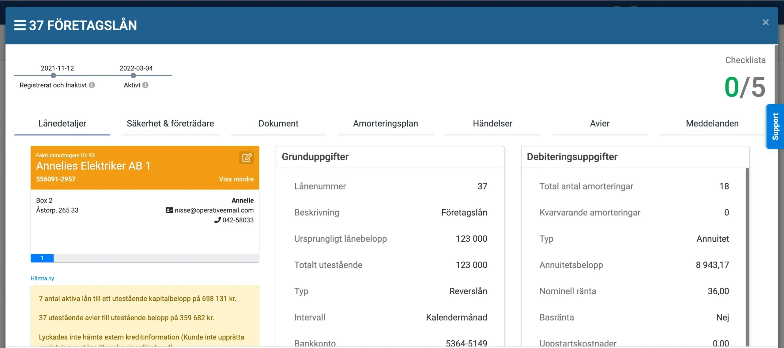 Skärmbild från Keeros som visar ett företagslån med lånedetaljer, säkerheter och återbetalningsinformation